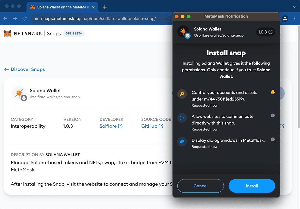 步骤 5:授权 Solflare Snap 将 MetaMask 连接到 Solana